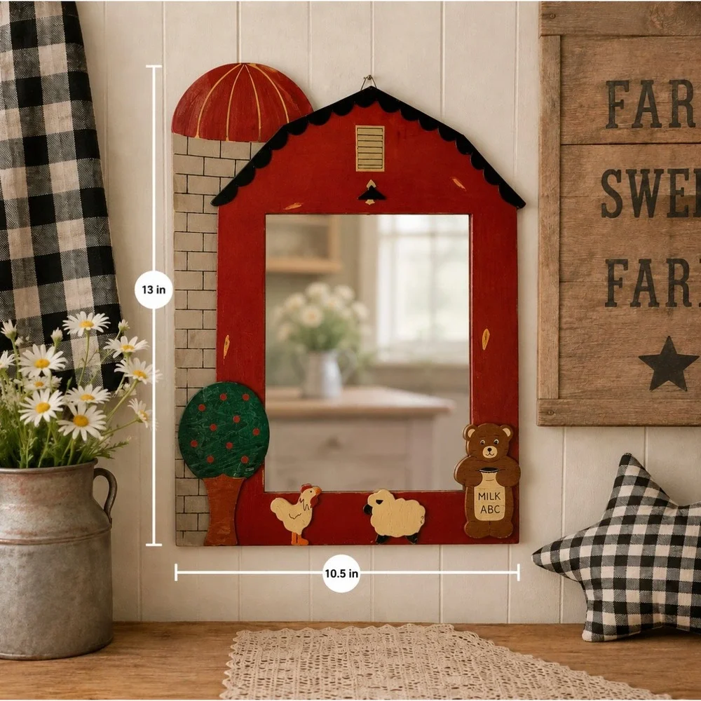 Vintage Red Barn Wood Mirror Farmhouse Nursery Decor Animal Folk Art Wall Mount